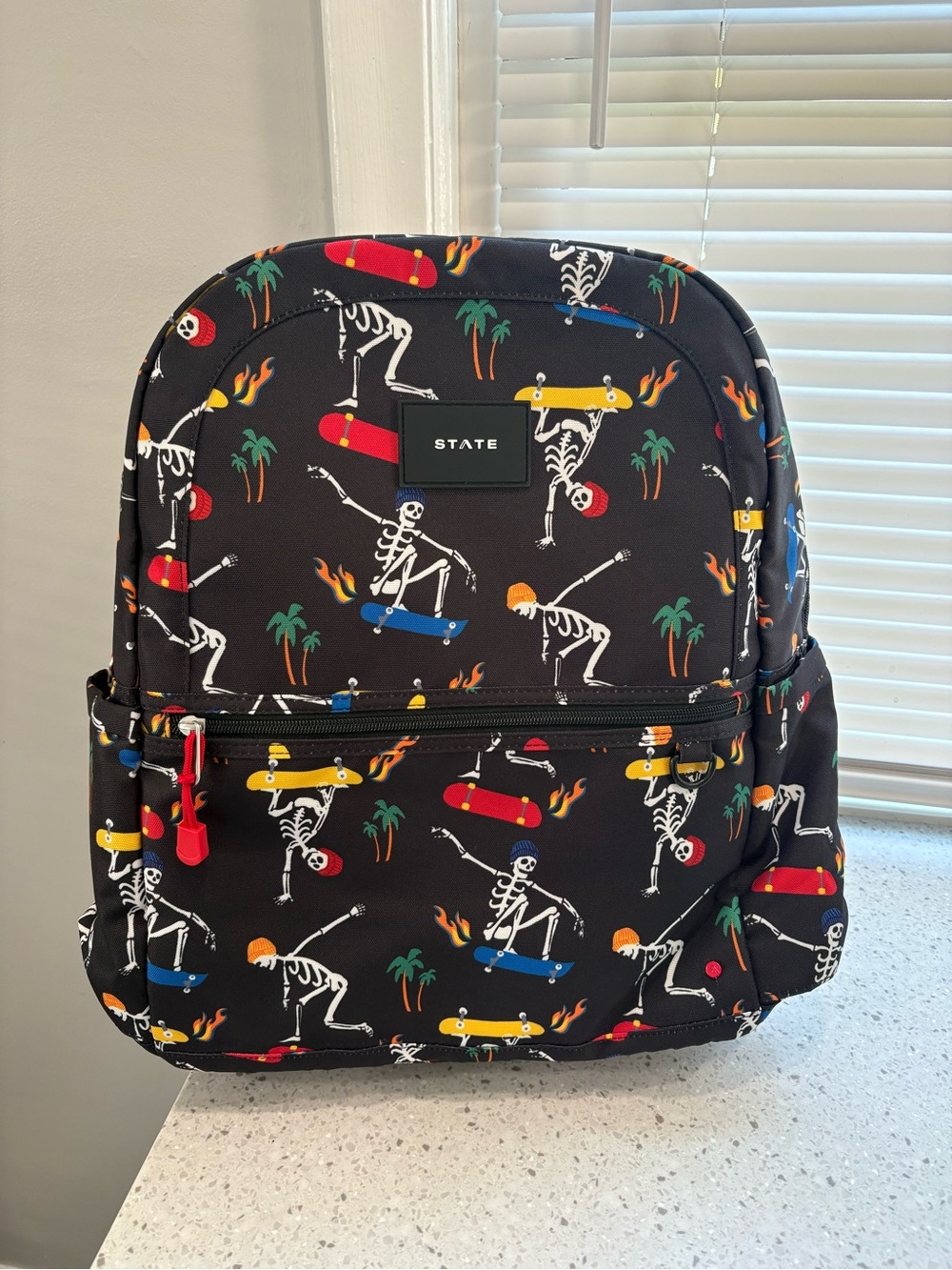 NWT STATE Double Pocket backpack w/ playful skeleton skate print- Kane Large